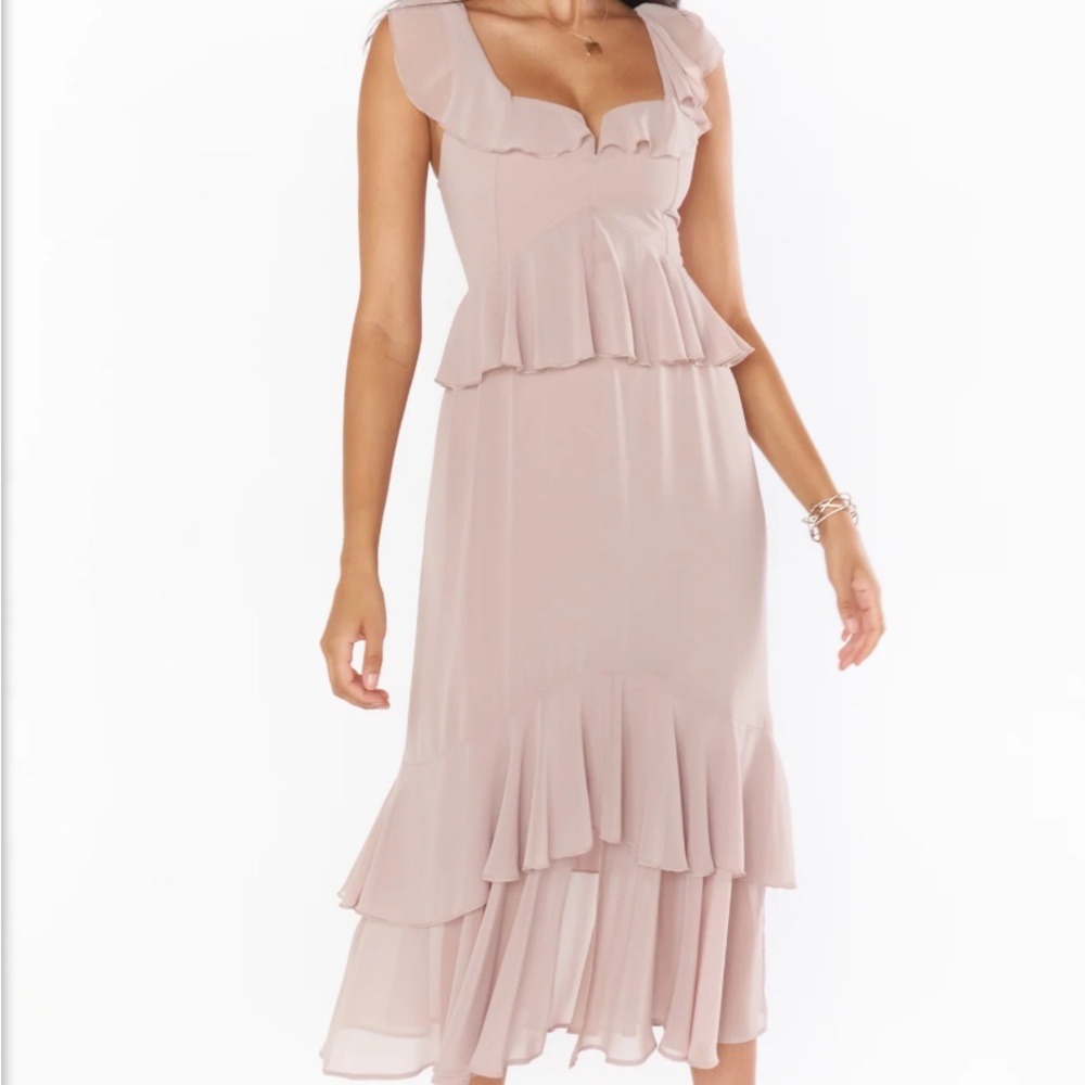 Show me your mumu resse ruffle soft beige small evening dress nwt gown midi